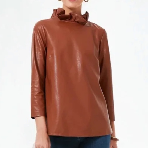Tuckernuck Cognac Brown Faux Leather Faye Blouse Top High Neck Ruffle Bow Tie - Picture 1 of 5